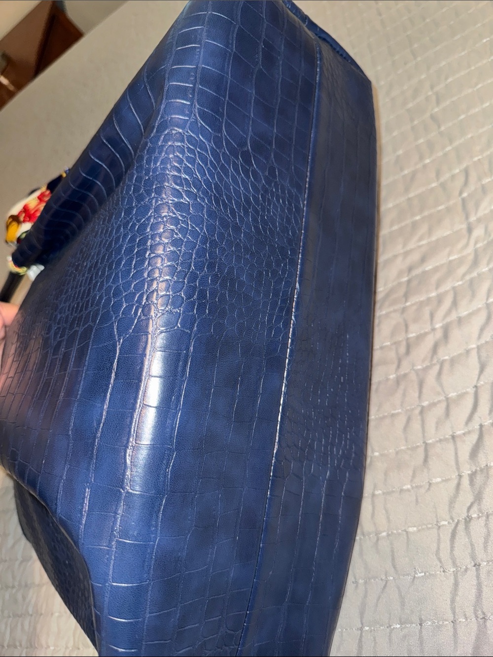 Structured Croc-Embossed Navy Tote with Scarf Accent - Picture 5 of 9